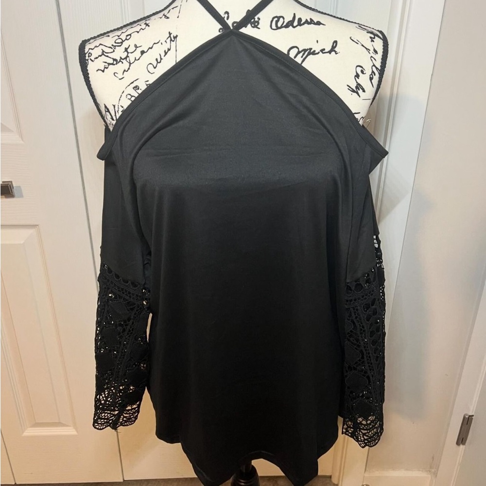 Black Blouse off shoulder/straps tie around neck with Lace Sleeves